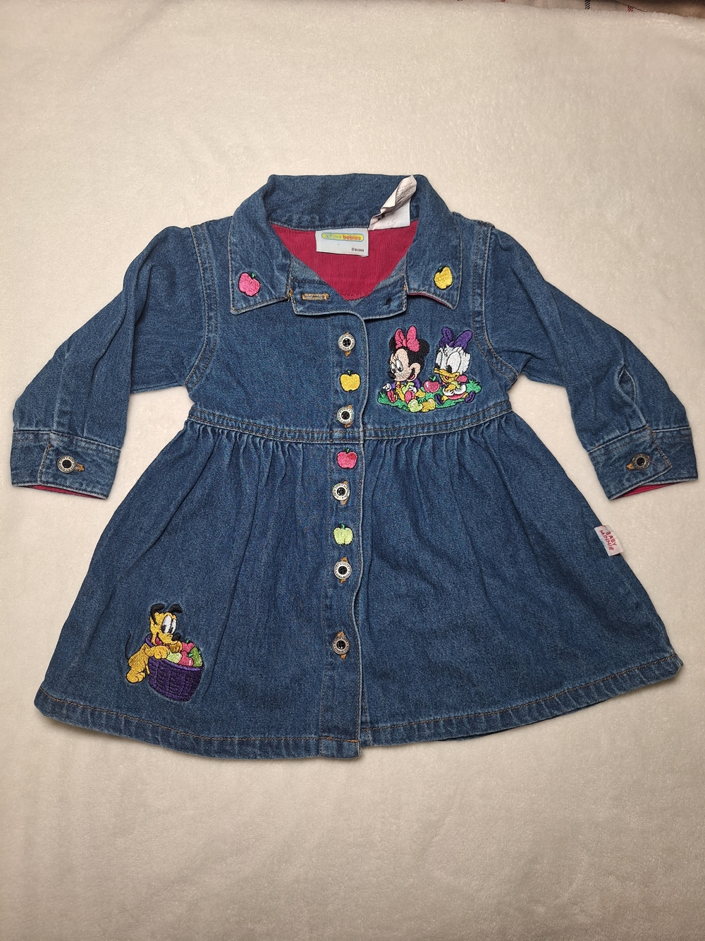 Girls' Denim Button-Front Dress with Minnie & Daisy Embroidery - Blue